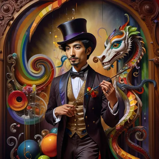 Prompt: (art deco painting), (exciting misc-macabre), intricate depiction of a magician asian with a striking expression, (dark, ornate dragon) resting on his shoulder, (vibrant color scheme), heavy porcelain and stained glass accents, dramatic lighting highlighting the details, enchanting and mysterious atmosphere, showcasing rich textures and ornate designs, ultra-detailed, captivating visual storytelling hand-painted masterpiece.