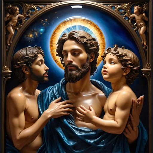 Prompt: (7 Wonders Art Glass Studio), (oil painting), Adam and God (The Creation), three graces, baby Jesus in foreground, man with a beard, gothic art, (renaissance style), intricate details, ethereal atmosphere, rich color palette with deep blues and golds, (highly detailed texture), celestial elements, honoring Nuit, dramatic lighting, (vibrant composition), masterpiece quality, (4K resolution), honoring tradition while evoking modern sensibilities.