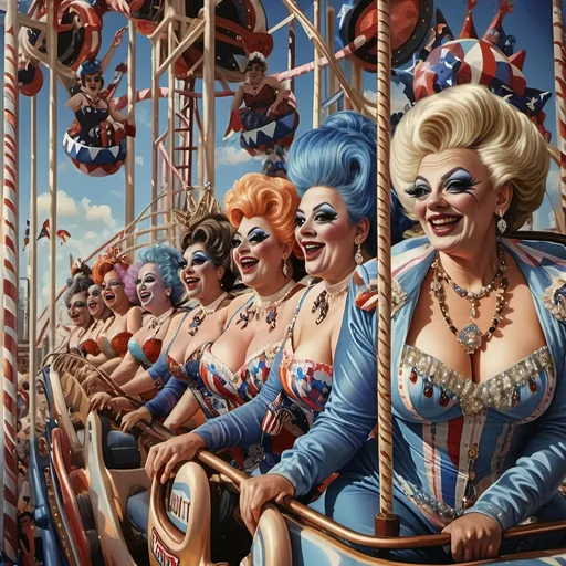 Prompt: (A stunning oil masterpiece) of a group of drag queens in (fancy clothing), joyfully riding the Nation’s New drag queen roller coaster in Liberty Park, vibrant colors and dazzling details, dramatic expressions of excitement, adorned with shimmering accessories, against a whimsical background filled with a Ferris Wheel of Drag Queens, honoring Nuit, surrounded by local attractions, (highly detailed, ultra-realistic).