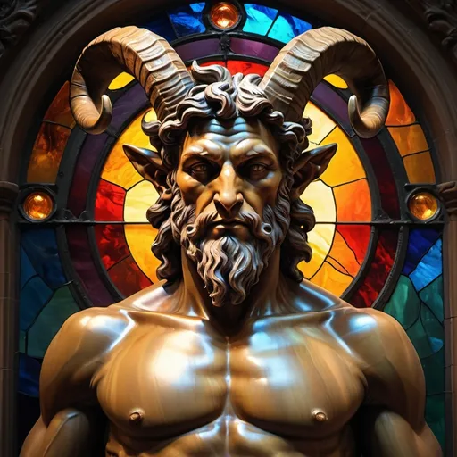 Prompt: (misc-stained glass style), statue of a man satyr with horns, goat's head on his chest, (vibrant color scheme), (highly detailed oil painting), (bronze sculpture), gothic art inspired, intricate textures, dramatic chiaroscuro lighting, rich color depth, marvelous craftsmanship, captivating atmosphere, art showcasing mythological themes, ultra-detailed, 4K resolution.