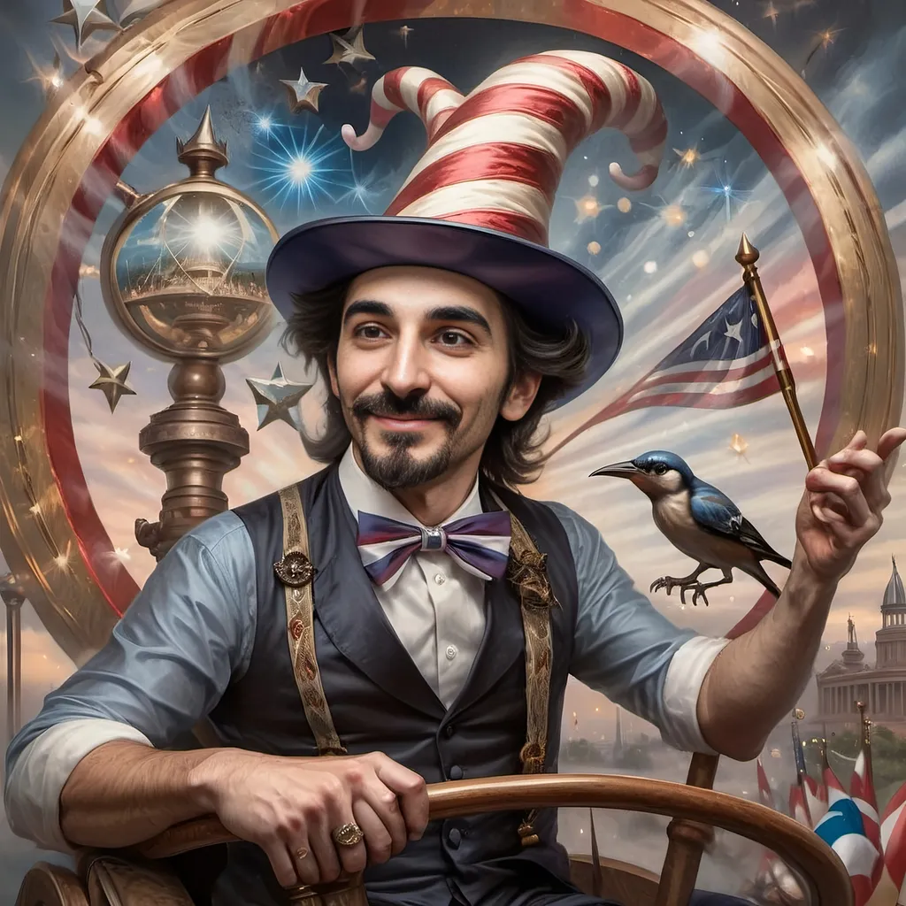 Prompt: A (captivating) oil painting depicting a (mysterious magician) with a (horned head), a (bird perched gracefully on his shoulder), holding a (beautifully crafted cane) and an (orb in his hand), beautifully capturing themes of (fantasy) and (transformation). Character portrait-style, influenced by (Clint Cearley's) signature artistry, with ethereal hues and (vivid detailing) honoring the legendary figures of (Pan and Nuit), set against a dreamy, (surreal background) that evokes wonder.