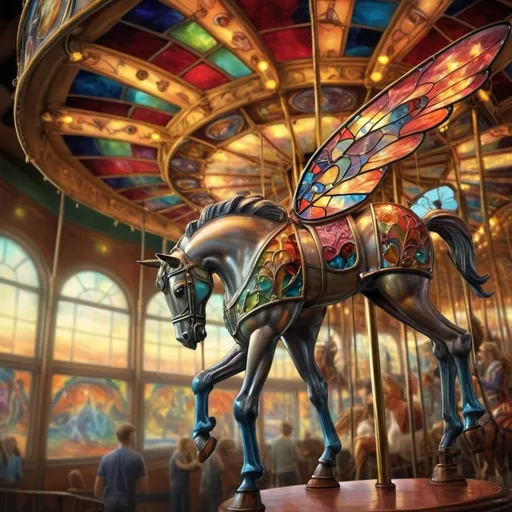 Prompt: (misc-stained glass style), vibrant color scheme, (detailed digital painting), a whimsical bug on a colorful carousel, striking lights glowing in the background, a majestic horse in the foreground, enchanting atmosphere, fantastic realism reminiscent of Donato Giancola, rich textures, captivating composition, ultra-detailed, airbrush effects, evokes playful nostalgia, dreamlike quality, intricate light reflections, artistic masterpiece.