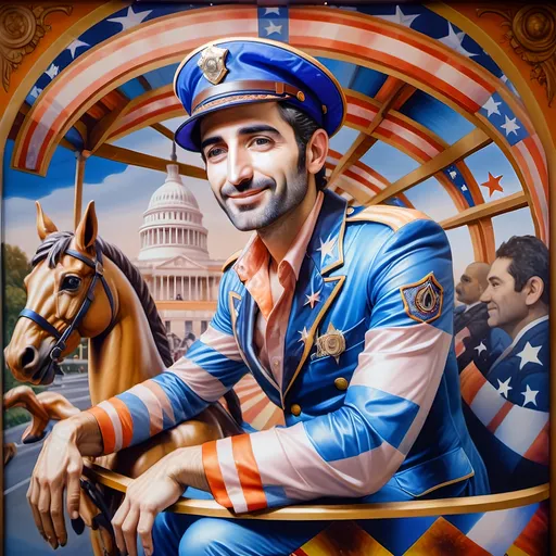 Prompt: (A Seven Wonders Art Glass Studio), oil renaissance painting, (vibrant colors), a man in military uniform, proudly riding on a Carousel of Heroes, surrounded by gracefully carved horses, soft, glowing ambiance, honoring veterans and those serving in the U.S. Military, warm golden lighting, intricate details in the uniform, carousel with richly adorned decorations, respectful atmosphere, high quality, ultra-detailed.