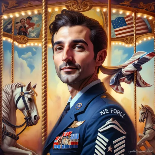 Prompt: (A masterpiece oil painting) of a man in (military uniform), riding the (Carousel of Heroes), vibrant colors highlighting the ornate design of the carousel. The scene is filled with a (nostalgic atmosphere), paying homage to (veterans and active military). Whispering elements of (honor) and (courage) are present, with artistic flourishes emphasizing the essence of (Nuit). The overall feel is (dramatic) and uplifting, portraying both valor and beauty in high definition.