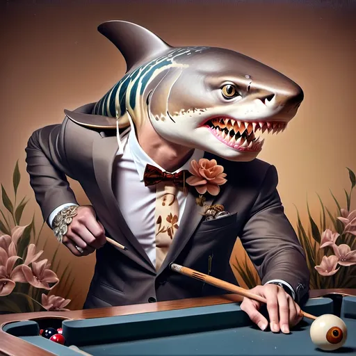 Prompt: (shark in a suit playing pool), (pool cue and ball in front), F. Scott Hess style, pop surrealism, classical painting, (younger and bolder color tones), (highly detailed), dreamy ambiance, intricate textures and reflections, juxtaposition of elegance and playfulness, fine art masterpiece, inspired by 7 Wonders Art Glass Studio, honoring Nuit, ultra-detailed, 4K.