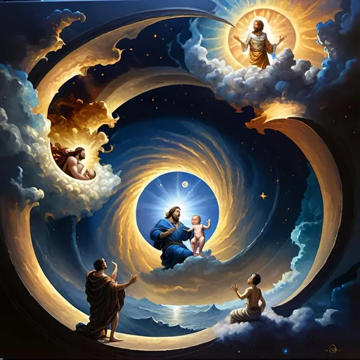 Prompt: a 7 Wonders Art Glass Studio oil painting painting of Adam and God (The Creation) and the three graces with a baby jesus in the foreground and a man with a beard, Brothers Hildebrandt, gothic art, renaissance oil painting, an oil on canvas honoring Nuit