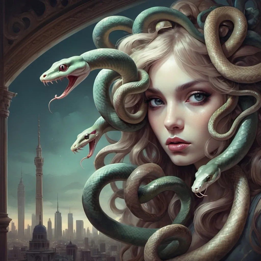 Prompt: a woman with a snake on her head and a snake on her head, with a city in the background, Anna Dittmann, pop surrealism, highly detailed digital painting, a storybook illustration