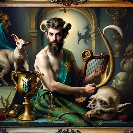 Prompt: (oil painting) Honoring Nuit, a man with a (wisdom-filled beard) holding a harp and a (rich) cup of wine, next to a (gilded golden cup), Ditlev Blunck's artisanal touch, (neoclassical elegance) with (Flemish Baroque influences). The atmosphere reflects reverence and beauty, drenched in (warm, golden tones), evoking the essence of a (divine encounter) that captures a mortal honoring the God Pan. Ultra-detailed, quintessential classical painting.