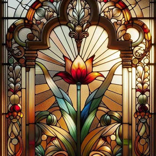 Prompt: A Seven Wonders Art Glass Studio stained glass window, (Art Deco tulip flower) prominently featured in the center, (vibrant colors), with an elegant stem extending down, surrounded by intricate (Brother Hildebrandt) style designs, ornate patterns, glow from sunlight filtering through, luxurious ambiance, (ultra-detailed), artistry in craftsmanship, rich textures, inviting atmosphere.