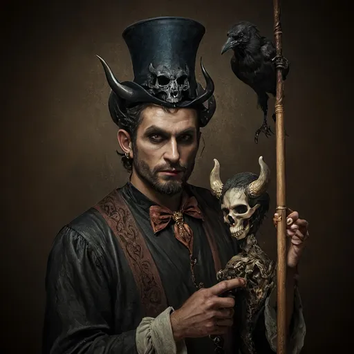 Prompt: (Renaissance still life), (man magician satyr), (dark color scheme), (elegant pose), (horns), holding a cane with skull orc, (crow perched on his shoulder), intricate details, moody ambiance, dim celestial lighting, rich textures, dramatic shadows, (stylized cane topped with a skull orb), ultra-detailed, high quality, evocative atmosphere.