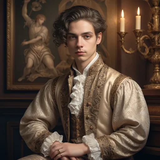 Prompt: (Renaissance-style portrait), honoring a (non-binary musician), capturing artistry and creativity, muted color scheme, rich details, soft lighting, intricate background with classical motifs, thoughtful expression, detailed attire with elegant patterns, emotive atmosphere, subtle textures, high-quality, (ultra-detailed).