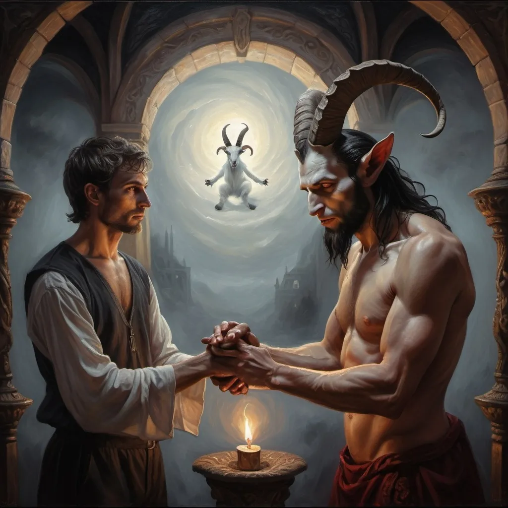 Prompt: (fantasy art scene) a man and a goat touching hands, flickering candlelight casting shadows, dark atmosphere, (mystical) swirling dark hues, ominous sign saying "the devil is coming," (oil painting) intricate details, high contrast lighting, stirring expression, deep textures, fantasy ambiance, (ultra-detailed), capturing the tension of the moment.