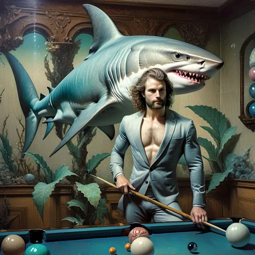 Prompt: (shark in a suit playing pool), (pool cue and ball in front), F. Scott Hess style, pop surrealism, classical painting, (younger and bolder color tones), (highly detailed), dreamy ambiance, intricate textures and reflections, juxtaposition of elegance and playfulness, fine art masterpiece, inspired by 7 Wonders Art Glass Studio, honoring Nuit, ultra-detailed, 4K.