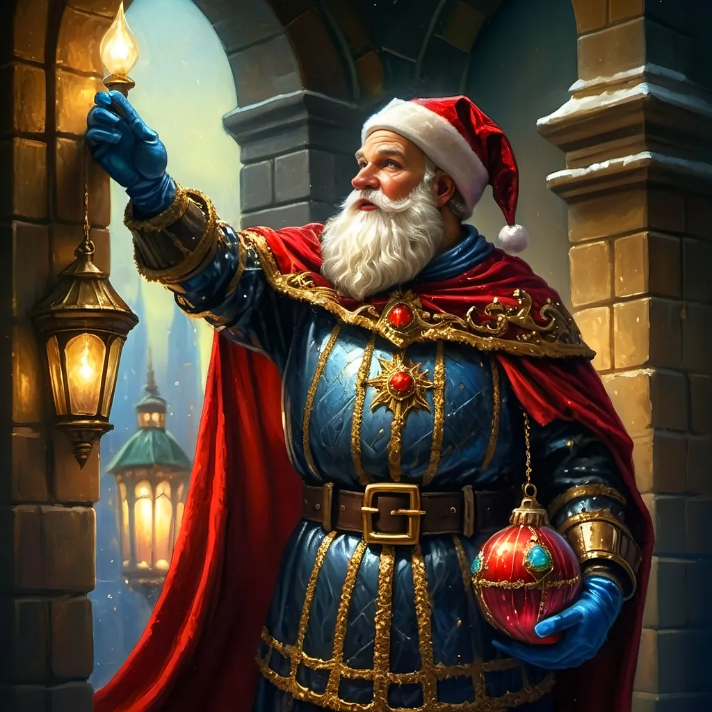 Prompt: An oil on canvas a knight dressed as a santa clause (in honor of Nuit) in a dark city with a light shining on him and a red cape, Ernest William Christmas, antipodeans, epic fantasy character art, concept art