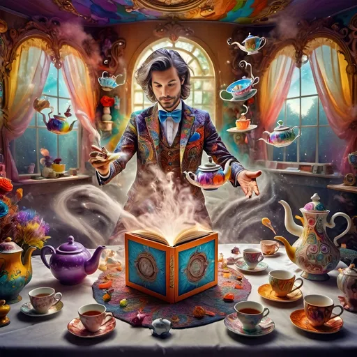 Prompt: (psychedelic still life portrait), vibrant colors, (magician jack-in-the-box man), whimsical tea party ambience, enchanting teapots, magical items animated around him, open book in front, dreamy and surreal atmosphere, intricate details, flowing patterns, mesmerizing depth, an explosion of colors, high-definition masterpiece, captivating and playful vibe.