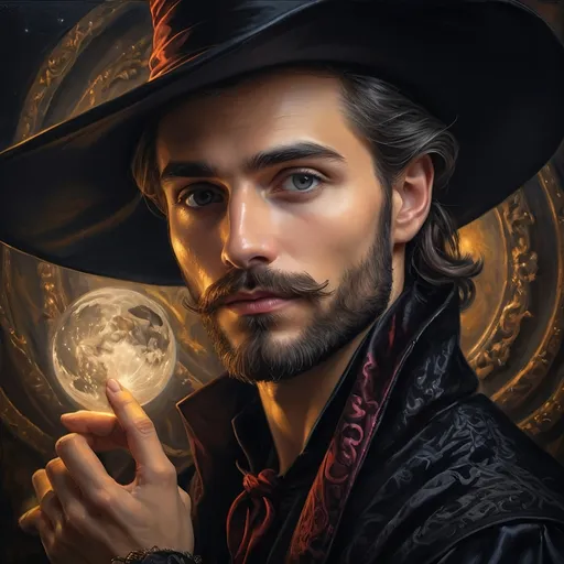 Prompt: (honoring Nuit), moon and stars) captivating handsome man magician, pointed witch hat, facial features highlighted, elegant beard, (renaissance baroque painting style), dark mystical background, rich deep colors with dramatic contrast, elements of Halloween celebration in still life arrangement, enigmatic ambiance, intricate shadows and light, (highly detailed), evoking intrigue and enchantment.