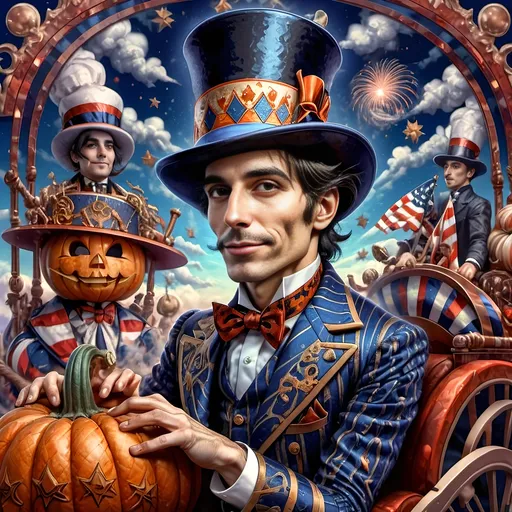 Prompt: art deco style portrait of a (man in a top hat) holding a (pumpkin), (still life) honoring Nuit, (magician), (intense magic) for all hallows eve, (vibrant color scheme), (sky background with clouds), digital painting by (Alejandro Burdisio), (gothic art), (highly detailed), character portrait, (dynamic and whimsical ambiance), (ultra-detailed), (4K).