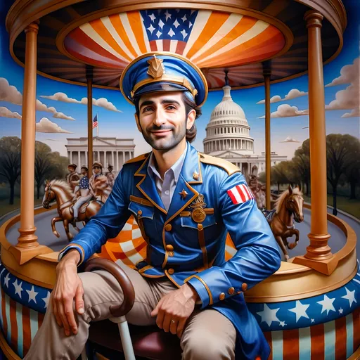 Prompt: (A Seven Wonders Art Glass Studio), oil renaissance painting, (vibrant colors), a man in military uniform, proudly riding on a Carousel of Heroes, surrounded by gracefully carved horses, soft, glowing ambiance, honoring veterans and those serving in the U.S. Military, warm golden lighting, intricate details in the uniform, carousel with richly adorned decorations, respectful atmosphere, high quality, ultra-detailed.