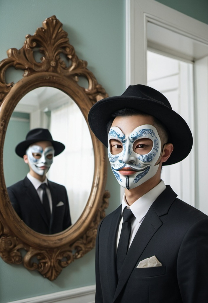 Prompt: a man in a suit and a mask is standing in front of a mirror with a mirror behind him, David Diao, pop surrealism, portrait photography, a character portrait