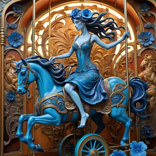 Prompt: (Art Nouveau style), (Carousel of Diversity), vibrant color scheme, a woman in a wheelchair, riding a carousel adorned with exquisite horses, blue flower in her hair, surrounded by intricate details of dystopian elements, impressive figurative art, artistic interplay of light and shadow, evoking emotion and movement, Caroline Chariot-Dayez, celebrating resilience, stunning art deco sculpture, ultra-detailed, high quality.