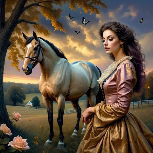 Prompt: (Honoring Nuit), highly detailed oil painting, thoroughbred horse, elegant posture, lush Kentucky farm, evening dusk setting, warm and vibrant hues, soft golden light reflecting off the horse’s coat, scenic rolling hills in the background, tranquil ambiance, serene atmosphere, ultra-detailed, masterpiece quality, evocative emotional tone, captivating and luminous sky blending soft pinks and deep purples, harmonious nature scene.