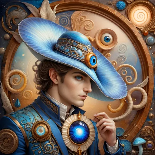 Prompt: (7 Wonders Art Glass Studio masterpiece), oil painting, (honoring Nuit), magical mushroom, (vibrant blue shell), (striking blue eye), Eye of Horus, rich textures, dreamy atmosphere, whimsical background, stars and cosmic elements, (ethereal lighting), enchanting details, high-quality, ultra-detailed composition, surreal and imaginative style.