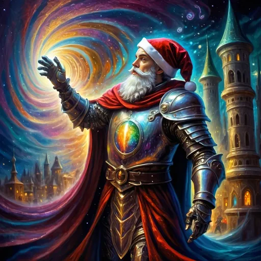 Prompt: (Edgy) oil painting of a knight dressed as Santa Claus (in honor of Nuit), dynamic vibrant colors, dark city background illuminated by a glowing light, flowing red cape, whimsical and surrealistic vibe, imaginative playfulness, influences of Ernest William Christmas, epic fantasy character art, vibrant psychedelic style, ultra-detailed texture, concept art composition, high-quality masterpiece, artistic themes of juxtaposition, drama, and enchantment.