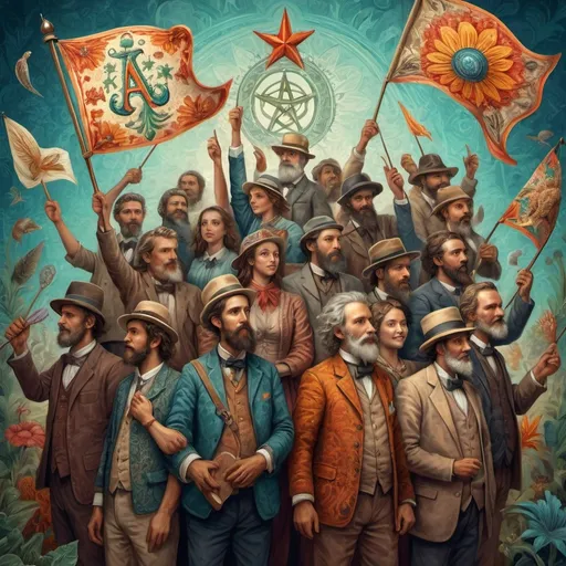 Prompt: (digital painting), (fine art), highly detailed, a vibrant group of people, holding a prominently displayed flag, decorated with the letter 'A', inspired by Ernst Haeckel’s unique style, folk art elements, intricate patterns, and natural forms, harmonious color palette, dynamic composition, celebrating unity and artistry, (4K) quality, rich textures, captivating ambiance.