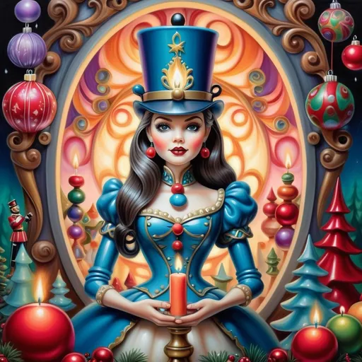 Prompt: (psychedelic nutcracker) with (vibrant color scheme), intricate candle and candle holder in front, surrounded by (Christmas decorations), inspired by (Anne Stokes), (pop surrealism) style, extremely detailed (oil painting), showcasing an enchanting festive atmosphere, swirling colors, and whimsical elements, soft glowing light effects creating a joyful and magical ambiance, (highly artistic) airbrush techniques, (ultra-detailed) vivid imagery.