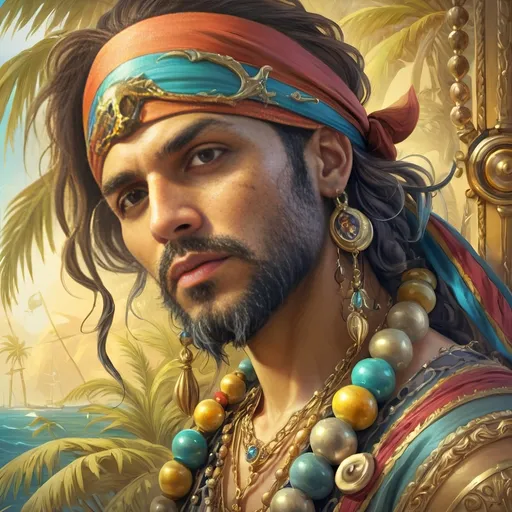 Prompt: a 7 Wonders Art Glass Studio oil painting (honoring Nuit) of a Caribbean pirate with a beard and a headdress on his head and a necklace on his neck, Alejandro Burdisio, qajar art, highly detailed digital painting, a photorealistic painting