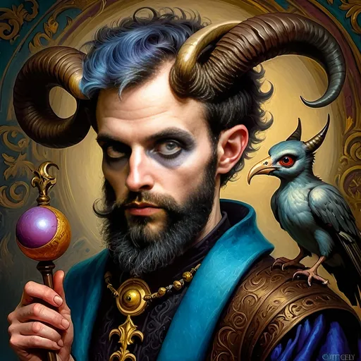 Prompt: A (captivating) oil painting depicting a (mysterious magician) with a (horned head), a (bird perched gracefully on his shoulder), holding a (beautifully crafted cane) and an (orb in his hand), beautifully capturing themes of (fantasy) and (transformation). Character portrait-style, influenced by (Clint Cearley's) signature artistry, with ethereal hues and (vivid detailing) honoring the legendary figures of (Pan and Nuit), set against a dreamy, (surreal background) that evokes wonder.