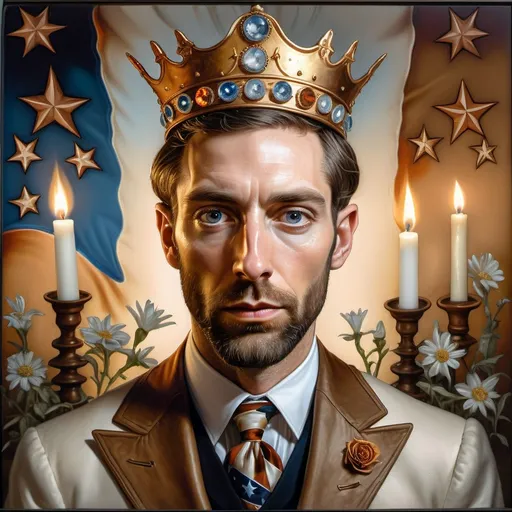 Prompt: A Seven Wonders Art Glass Studio painting of a man wearing a crown and American flag behind him with candles in the background and a candle lit room, Charles Bird King, american realism, highly detailed digital painting, a character portrait honoring Nuit.