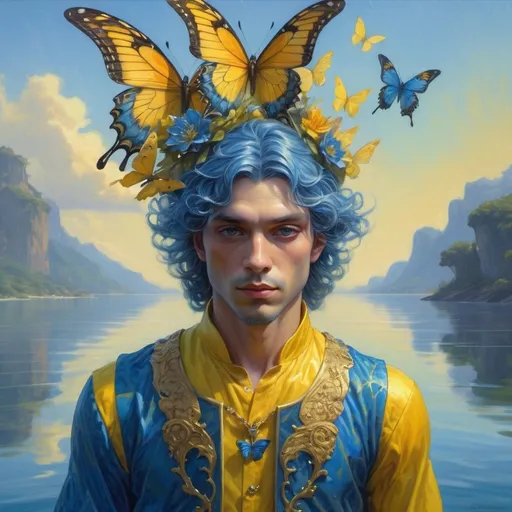 Prompt: (2D painting), a man in a (vibrant blue and yellow outfit), a butterfly gracefully perched on his head and chest, standing proudly in front of a (calm body of water), infused with (fantasy elements), inspired by Donato Giancola's style, featuring (epic fantasy character art), a captivating (character portrait), the atmosphere is (dreamy and enchanting), colorful reflections on water surface, (ultra-detailed), high quality.