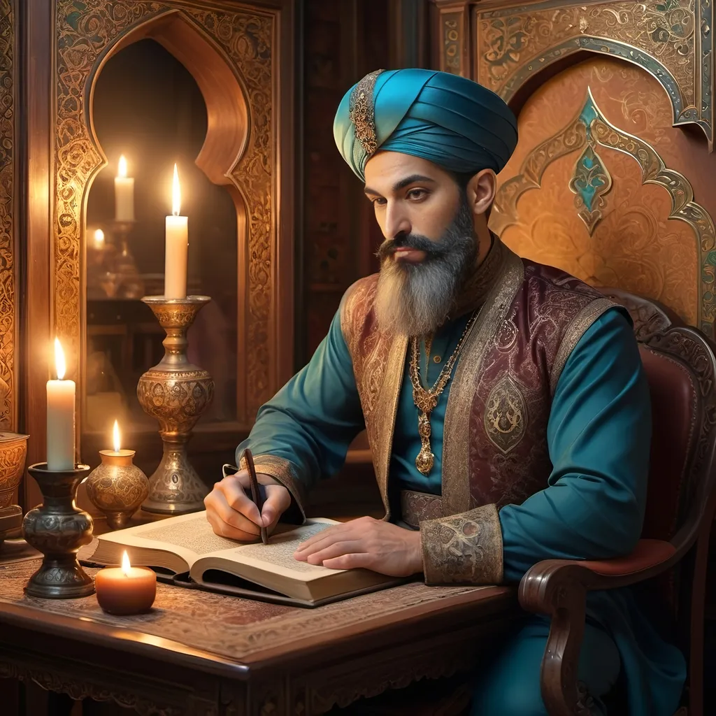 Prompt: (Altoon Sultan inspired art), (Qajar style), (Elegant Art Nouveau), a thoughtful genie man with a beard seated at a beautifully crafted wooden table, an ancient book and a flickering candle casting light in front of him, an array of intricate details in the background, rich and warm color tones, creating a surreal ambiance, ultra-detailed imagery, masterfully capturing the essence of mystique and artistry.