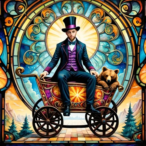 Prompt: Art nouveau painting of a (magician riding a cart shaped like a cub bear), vibrant color scheme, (hallucinogenic swirls) and (patterns), whimsical amusement park ambiance, (constructed from stained glass and porcelain), richly detailed textures, (dreamlike atmosphere), enchanting backdrop filled with colorful attractions, captivating light play, ultra-detailed, imaginative masterpiece.