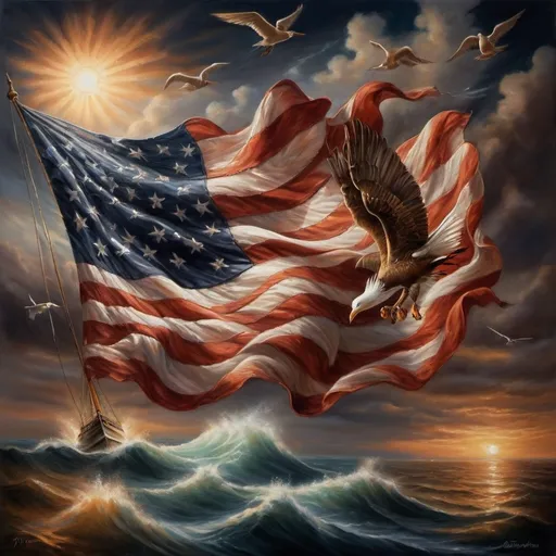 Prompt: (american flag flying), serene ocean scene, (highly detailed oil painting), a boat gently swaying on the waves, a bird soaring gracefully above, a majestic ship in the background, inspired by Anne Stokes, vibrant colors, capturing the essence of freedom and adventure, overall calm and patriotic atmosphere, (fine art painting), ultra-detailed masterpiece.