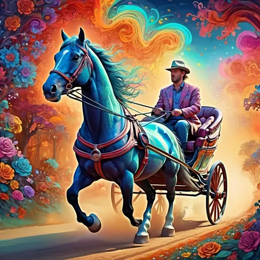 Prompt: a painting of a horse pulling a carriage with a man on it's back and a flag on the back, Anne Stokes, psychedelic art, highly detailed digital art, a detailed painting