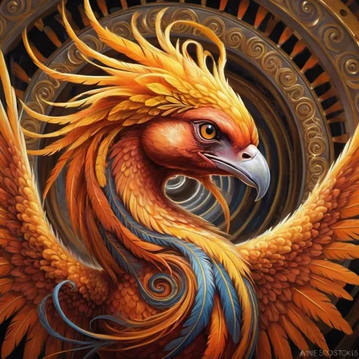 Prompt: a painting of a bird phoenix with orange and yellow feathers on it's head and wings, with a spiral design on its body, Anne Stokes, fantasy art, highly detailed digital art, an airbrush painting in front of a carousel