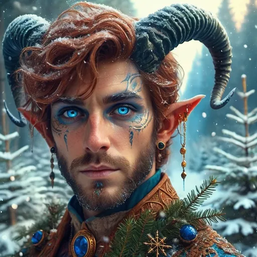 Prompt: (horned man), blue eyes, snowy forest, fir trees, snowflakes on face, (epic fantasy character art), (highly detailed portrait), magical atmosphere, serene yet powerful, (vibrant color palette), hints of light filtering through trees, ethereal snowflakes, (fantasy art style), (ultra-detailed), captivating expression, sense of wonder and adventure.