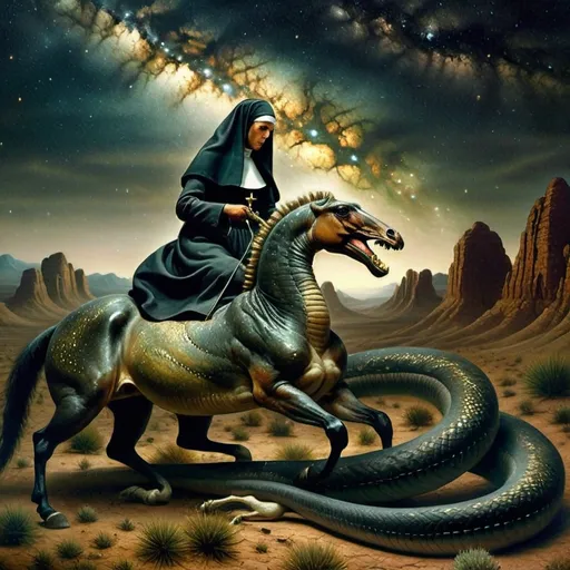 Prompt: (A oil masterpiece) A black nun riding a majestic horse, gripping a gun, fiercely defending against alien desert creatures, vast desert landscape, surreal celestial elements, homage to Nuit, warm earthy tones, contrasting vibrant colors, dramatic lighting, (highly detailed), capturing intense emotions and a sense of adventure, (7 Wonders Glass Art Studio), ultra-detailed, (cinematic).