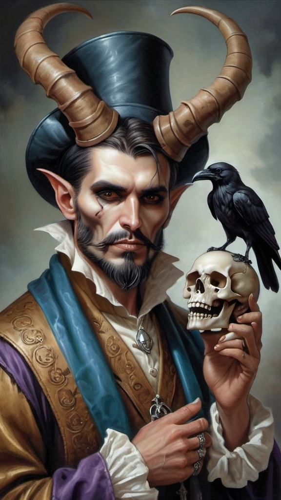 Prompt: a man with a skull and a horned head holding a skull and a crow on his shoulder and a skull in his hand, Anne Stokes, gothic art, dark fantasy art, a fine art painting