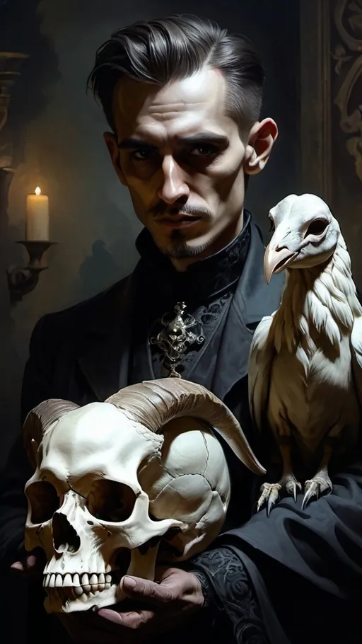 Prompt: (gothic art), fantasy character portrait, (highly detailed man), skull and goat head, holding a skull in hand, bird perched on shoulder, (moody atmosphere), deep shadows and eerie lighting, intricate textures, haunting background, (oil painting), (masterpiece), rich dark color tones, (4K), imaginative and captivating.