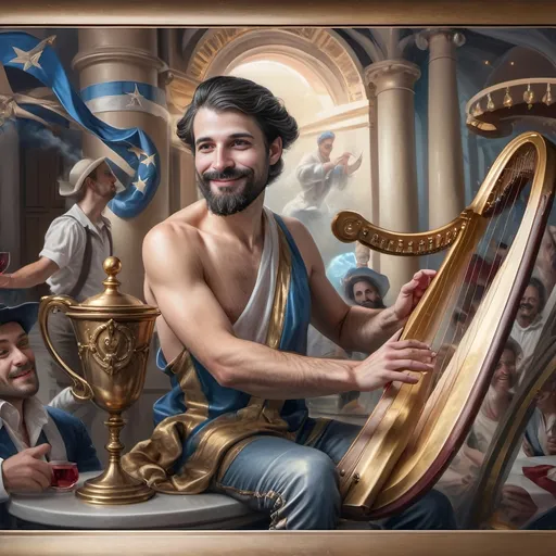 Prompt: (honoring Nuit) oil painting, (Ditlev Blunck style), neoclassical aesthetics, classical painting, flemish Baroque influence, a man with a beard holding a harp, a cup of wine, a golden cup beside him, capturing a mortal honoring the God Pan, rich colors, warm lighting, stunning detail, ethereal ambiance, 4K, ultra-detailed masterpiece, surrounded by a serene, heavenly setting.