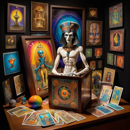 Prompt: A (beautiful) 7 Wonders Art Glass Studio painting, (detailed) puppet in a box (Jack-in-the-Box), surrounded by (colorful) Thoth Tarot cards (Honoring Nuit), (intricate) mirror with a face, (mysterious) esoteric magic in the background, (vibrant colors) and (dramatic lighting), (highly detailed) artwork, (whimsical and surreal) atmosphere.