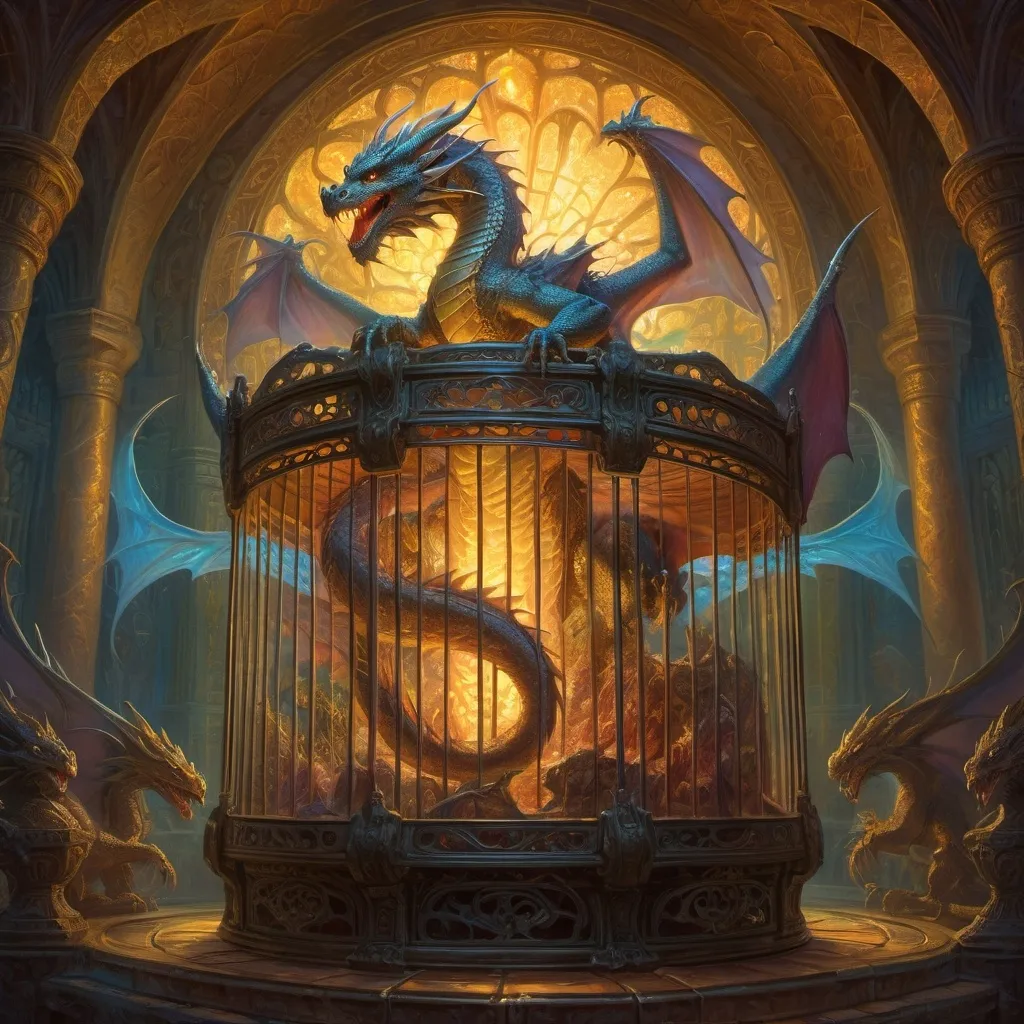 Prompt: (central content: dragon in a glowing cage), (radiant light emanating from within), (immersive fantasy atmosphere), (highly detailed painting), (vivid colors), (masterful brushwork), (dramatic contrasts), (inspired by Donato Giancola), ultra-detailed, captivating mythical scene, intricate scales, ethereal glow, (fantasy art)