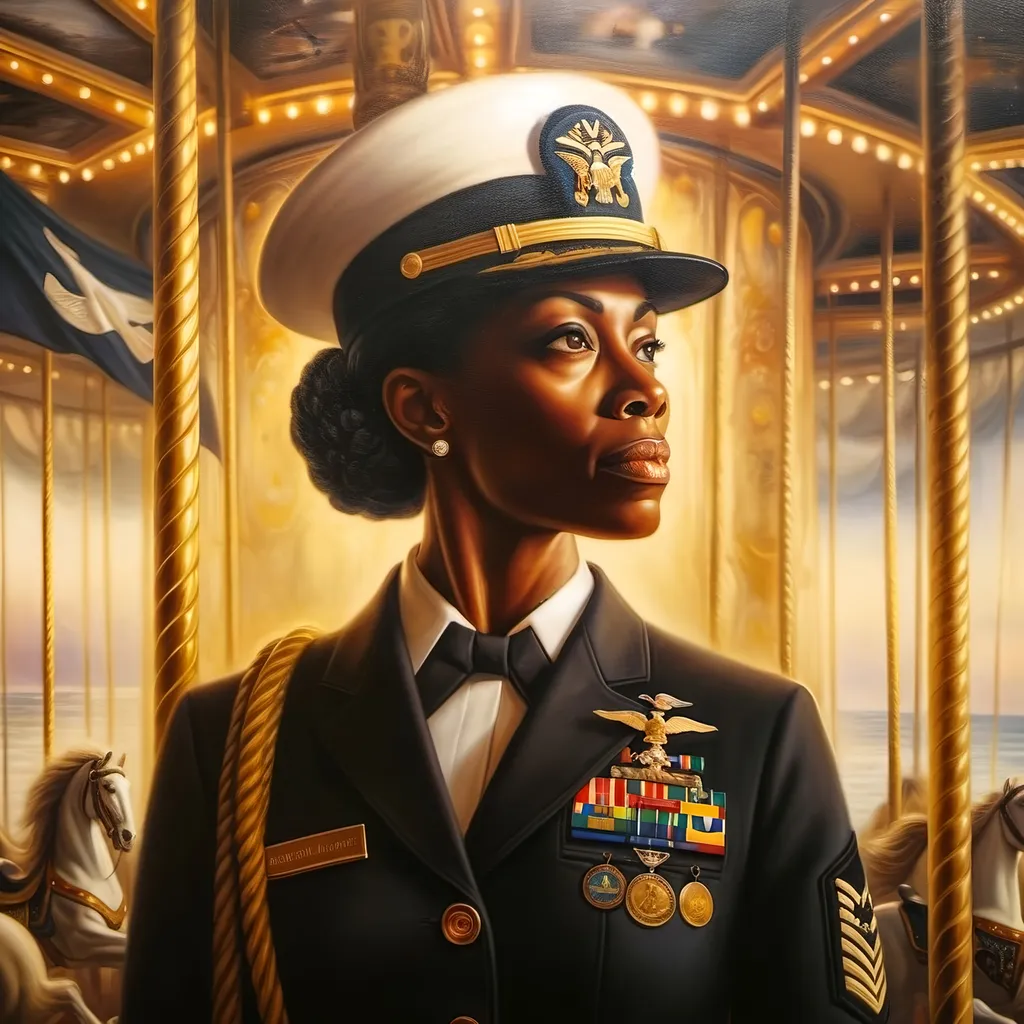 Prompt: a painting of a black woman in Navy uniform on a carousel with horses and carousel lights in the background and a carousel with carousel lights, Dorning Rasbotham, afrofuturism, official art, a painting