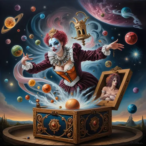 Prompt: (Renaissance oil painting), a stunning masterpiece capturing the essence of the Goddess Nuit, a whimsical Jack-in-the-Box emerging in ornate attire, sewing the seeds of the universe, planets swirling around, vibrant cosmic colors illuminating the canvas, intricate details, rich textures, playful yet profound ambiance, 4K ultra-detailed, an extraordinary blend of mythology and creativity celebrating the act of creation in a mystical setting.