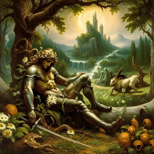 Prompt: Renaissance painting of a (knight laying on the ground), gripping a (sword in hand), surrounded by (daisies in the foreground), characterized by (misc-macabre style), (dark color scheme), inspired by (Anne Stokes), (fantasy art), (storybook illustration), moody ambiance, vibrant detailed textures, (ultra-detailed), dramatic shadows, rich depth, a hauntingly beautiful scene.