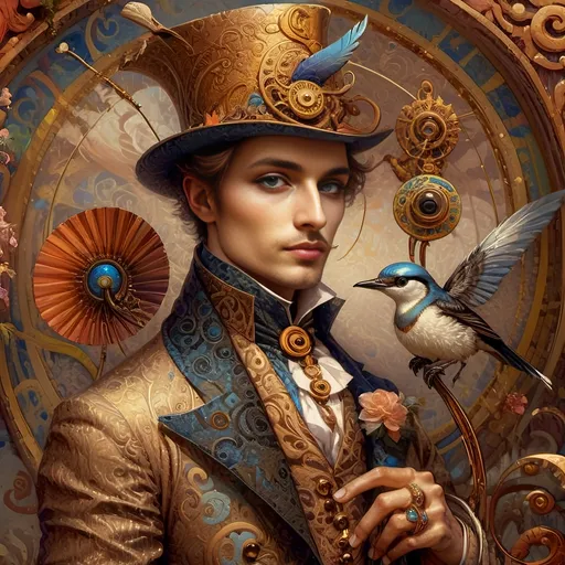 Prompt: a painting of a colorful bird with a circular background and a gold ring around it's neck and a blue eye, Android Jones, psychedelic art, highly detailed digital painting, a detailed painting