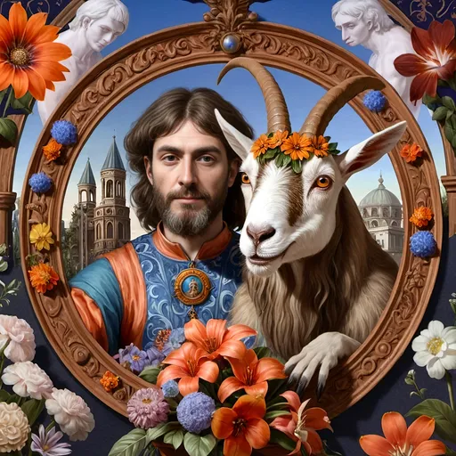 Prompt: A Seven Wonders Art Glass Studio renaissance oil on canvas painting of a man with a goat's head in a circle surrounded by flowers and plants.  Honoring Nuit Spring Equinox 1640